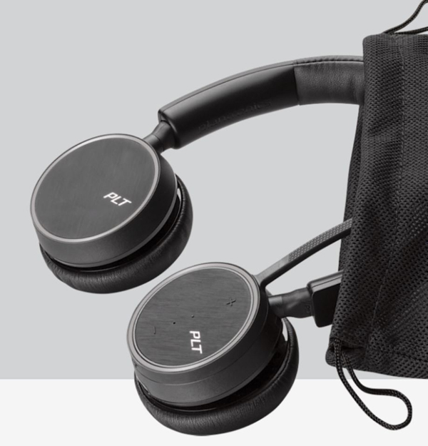 A Voyager 4200 UC headset is half outside and half in a pouch.